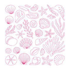 Hand-Drawn Summer Line Art Pattern Featuring Coastal Seashells, Starfish, Corals, and Marine Elements – Perfect for Beach and Ocean, Summer Vibes, Icons-Themed Designs on Adobe Stock