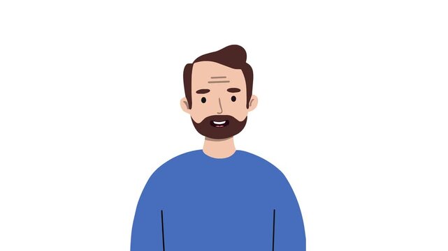Flat animated man with dark brown hair and beard, wearing a blue shirt. Speaking on a white background. Clean and modern look, ideal for apps, onboarding videos, and business communication.