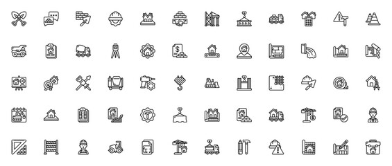 Construction icon set. Business vector pack. Includes tools like hard hat, crane, bulldozer, blueprint, measuring tape, and more. Editable stroke design.