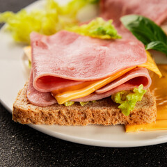 Sandwich ham, cheese, bread toast meat spam fresh delicious gourmet food background on the table...