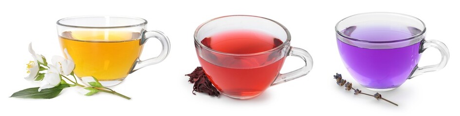 Flower teas in glass cups isolated on white, set