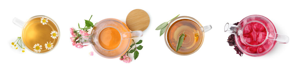 Flower and herbal teas isolated on white, set. Top view