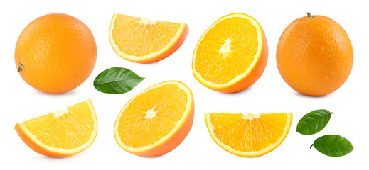 Fresh oranges and green leaves isolated on white, set