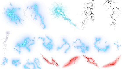 Cartoon lightning. Thunder bolt blue strikes, glowing electric hit effect, comic thunderbolt, Isolated green electric plasma effect on transparent backgrounds 3d rendering png