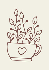 Hand Draw Doodle Tea Cup with Heart and Plant and leaves