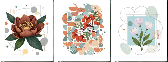 Abstract minimalist Art. Mixed style, geometric shapes and plants. Flowers, leaves. Set of vector paintings.