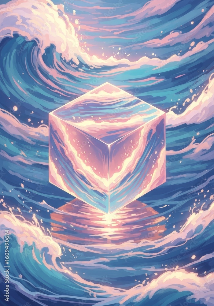 Poster serene cube floating on ocean waves - a painting of a translucent cube serenely floating amidst swir