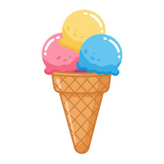 Colorful ice cream cone with three scoops, perfect for summer fun and sweet treat designs
