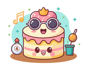Cute kawaii cake wearing sunglasses and a crown