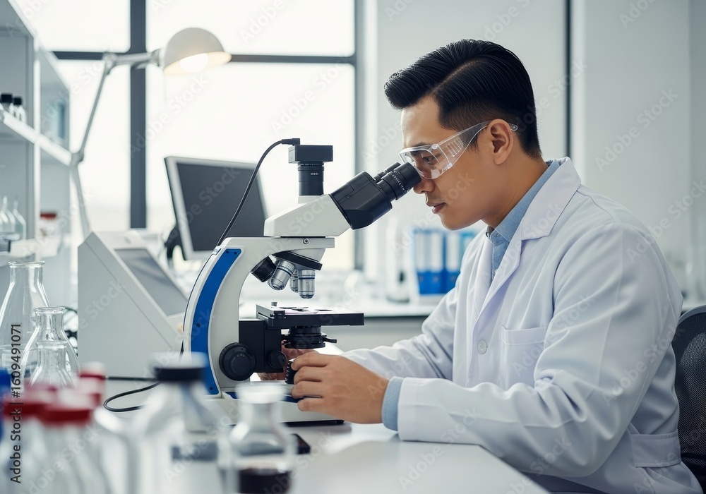 Poster scientist using a microscope in a lab - a scientist in a lab coat uses a microscope, focused on his 