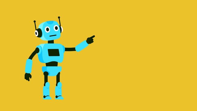 Cyan robot pointing to the right, positioned on the left side of a warm yellow background. Flat vector animation style. Useful for presentations and UI mockups.