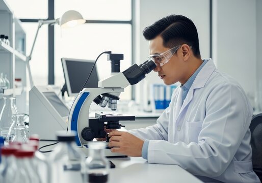 Scientist Using a Microscope in a Lab - A scientist in a lab coat uses a microscope, focused on his work. Clean and professional laboratory setting
