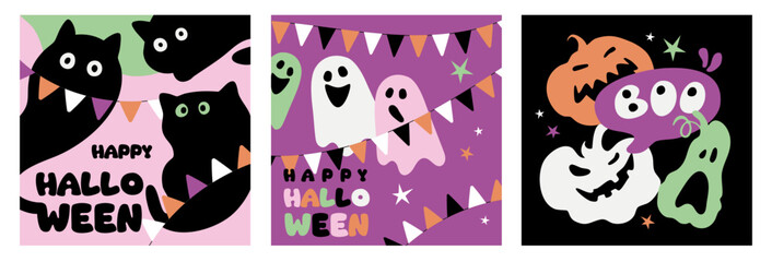 halloween set of square card or posters, autumn eve cover template, greeting card, banner, creative vector illustration