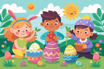 Obraz premium Happy Kids Decorating Easter Eggs in a Pattern vector illustration