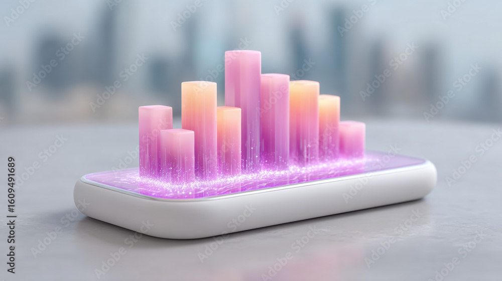 Poster holographic analytics board showcasing stacked bar chart data visualization.