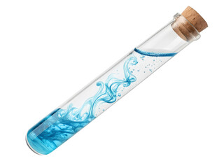 Clear Glass Test Tube with Cork Stopper Containing Vibrant Blue Liquid on transparent background