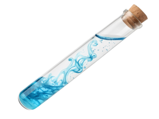 Clear Glass Test Tube with Cork Stopper Containing Vibrant Blue Liquid on transparent background