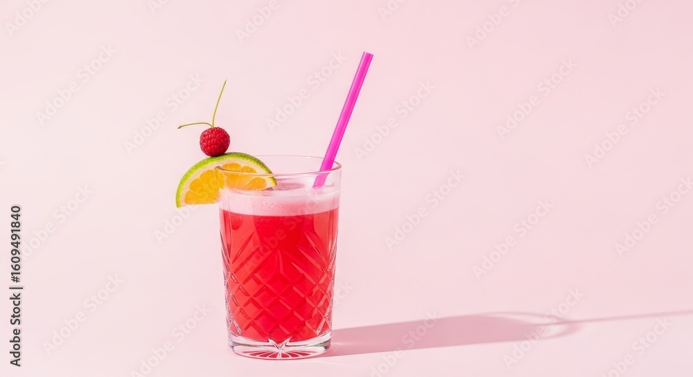 Poster refreshing pink drink with raspberry and citrus - a vibrant pink beverage in a clear glass, garnishe
