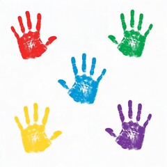 Colorful handprints, vibrant hues, arranged asymmetrically against a white background.