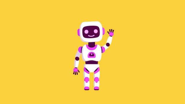 A full-body view of a cute 2D robot character with a white body, purple accents, and a digital smile. Set against a solid yellow background, it serves as a friendly technological mascot for AI or cust