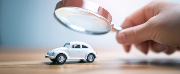 The magnifying glass enhances detail on a toy car for inspection.