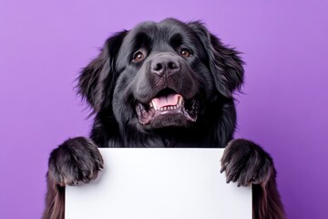 Obraz premium Cute studio pet idea. Dog on white ad. Blank sign creature ad. Isolated dog on a solid attire purple background. Ð¡ute adult dog newfoundland hold in front paws a concept - large white way si.