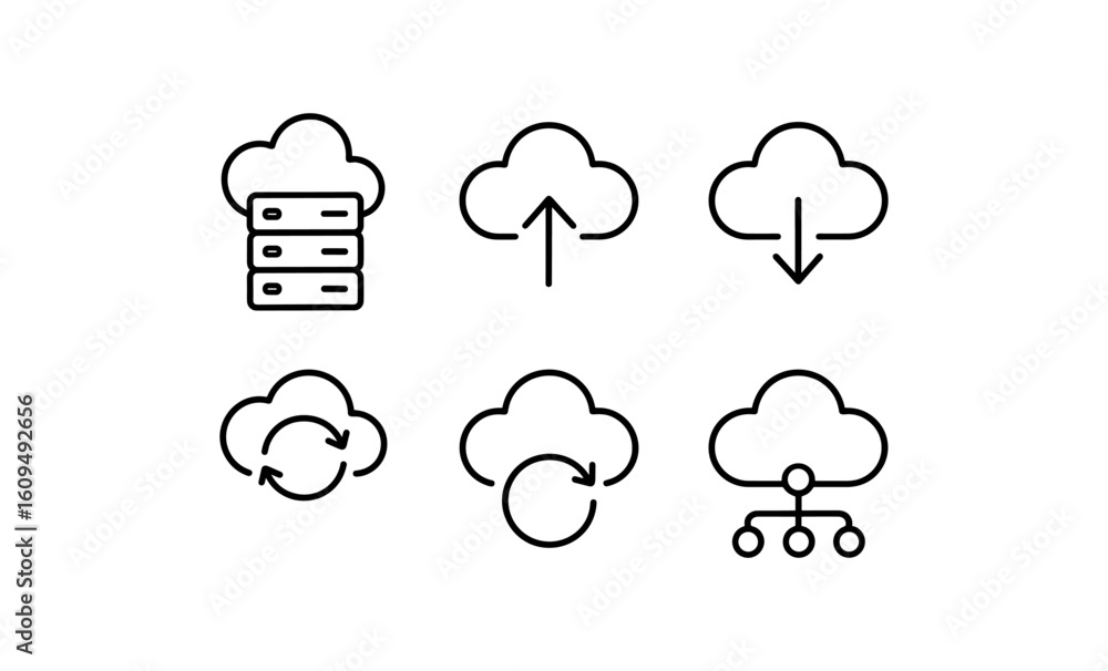 Poster cloud technology icons: line art style for data storage and networking