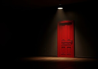 Red Door in Darkness - A single red door stands illuminated in a dark room, creating a mysterious and intriguing atmosphere