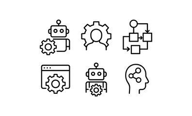Ai and automation icons: robots, gears, and flowcharts in simple line art
