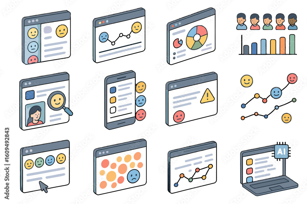 Fototapete isometric charts and emoji icons explaining data and user interfaces