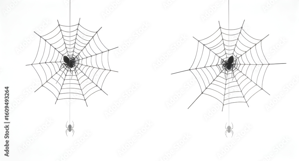 Wall mural examining intricate spider webs with spiders in a minimalist setting