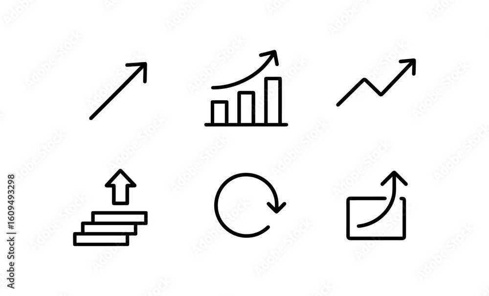 Poster minimalist growth and progress icons featuring arrows and graphs in linear style