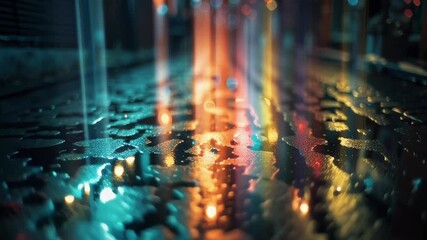 Vertical light streaks falling digital rain, rainbow neon trails wet reflective floor, moody cyberpunk shadows, soft glows, retro dust particles, lens flare bloom alley mood, analog bokeh tilt blur - Powered by Adobe