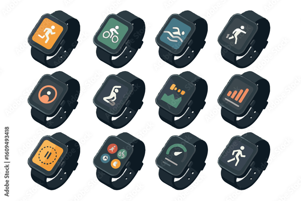 Poster smartwatch fitness icons display various exercise and health monitoring modes