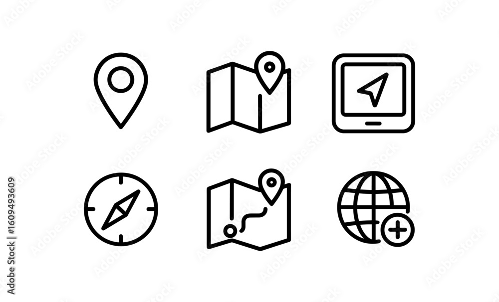 Poster simple linear navigation icons set for maps and gps applications