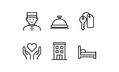 Minimalist hotel service icons: concierge, bell, key, hospitality, accommodation
