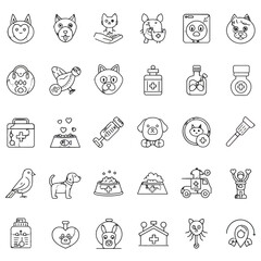 Essential veterinary care icons for pets like cats, dogs, birds, and rabbits in modern line style