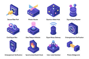 Fototapeta premium Futuristic networking and quantum devices with isometric designs and functions