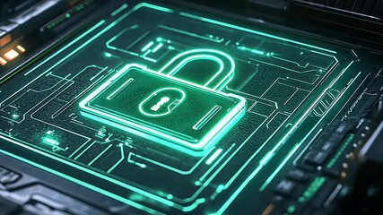 Futuristic digital lock on a circuit board, glowing neon, symbolizing cybersecurity and technology - Powered by Adobe