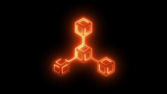 Brown neon glowing cubes linked in a blockchain structure on a dark tech background