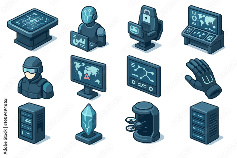 Poster futuristic technology icons with computers, robots, and security elements