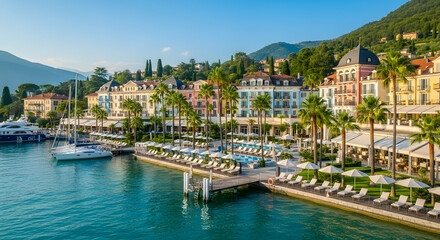 Fototapeta premium Picturesque lakeside resort town bathed in golden light with yachts and stunning architecture