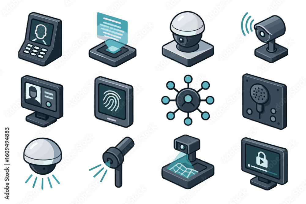 Poster collection of futuristic security system icons in isometric style