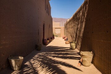 Narrow desert alleyway with traditional mud brick buildings and palm fronds