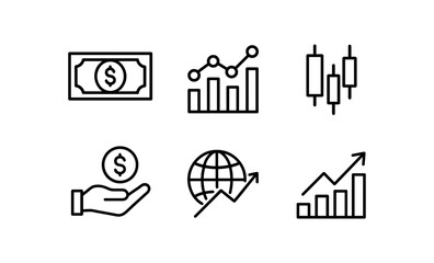 Linear finance icons: graphs, currency, global market trends, and growth