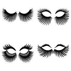 Illustration of four sets of eyes with different styles of long and thick eyelashes in black color