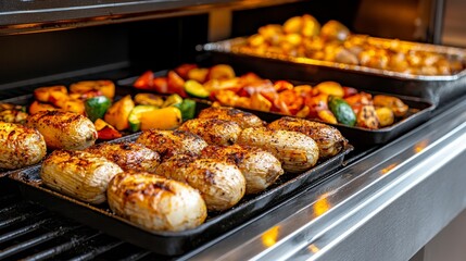 Roasted Potatoes and Grilled Vegetables on a Stainless Steel Grill
