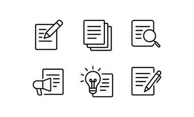 Minimalist document icons: writing, research, and ideas in linear style