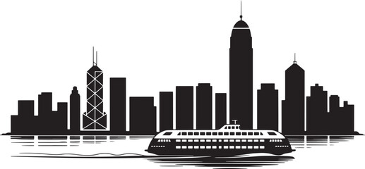 Hong Kong Skyline Silhouette Vector Illustration with Cityscape and Ferry Design
