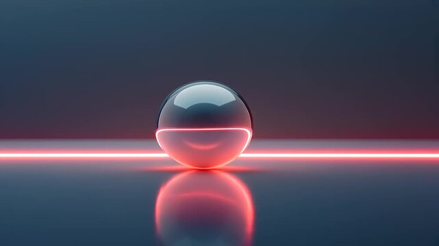 A reflective glass sphere positioned on a glowing red line against a dark blue backdrop, showcasing light interplay